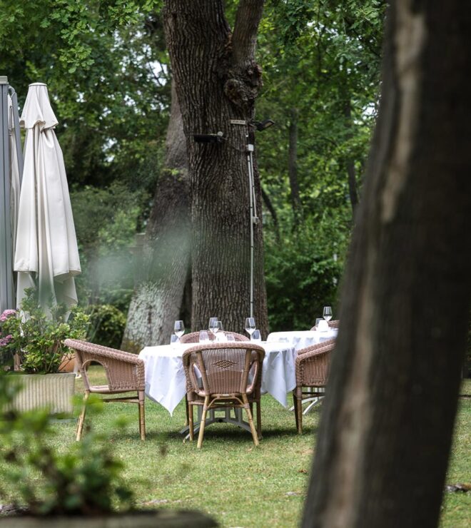 Tables en terrasse à l'ombre des arbres, aux portes de Paris