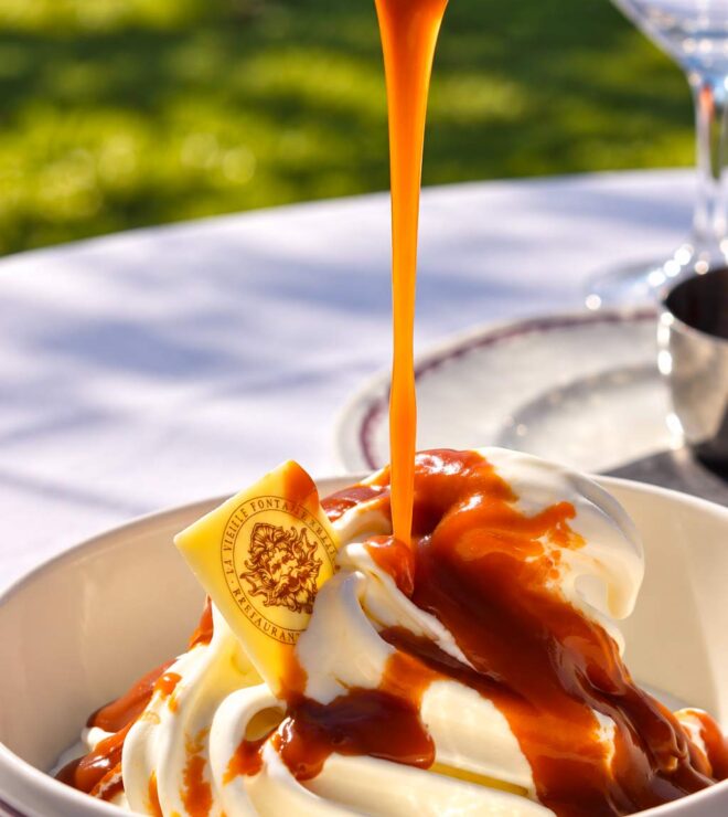 Caramel dessert at La Vieille Fontaine restaurant in Maisons-Laffitte