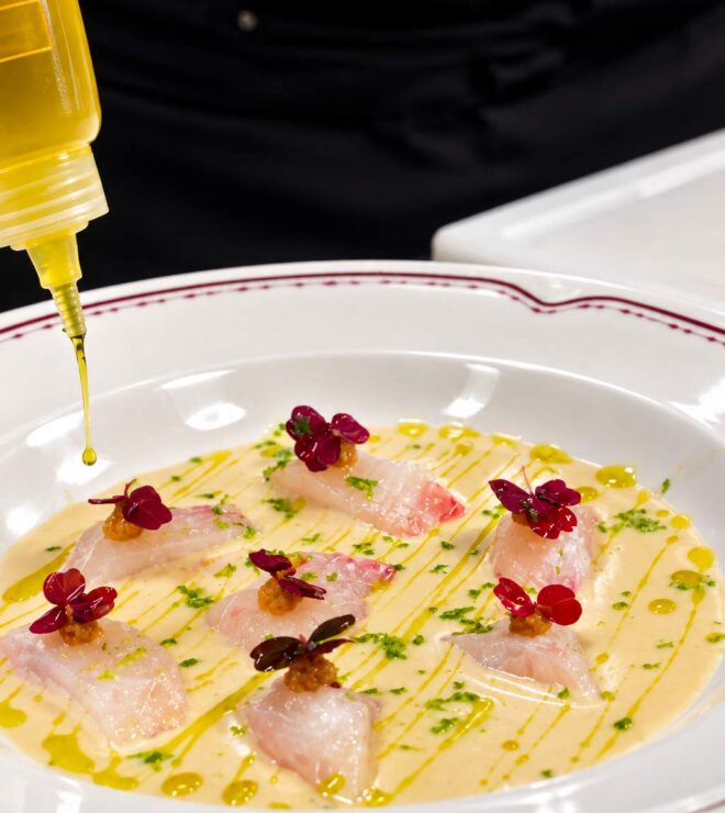 Ceviche starter at La Vieille Fontaine restaurant in Maisons-Laffitte, marinated raw fish and fresh herbs