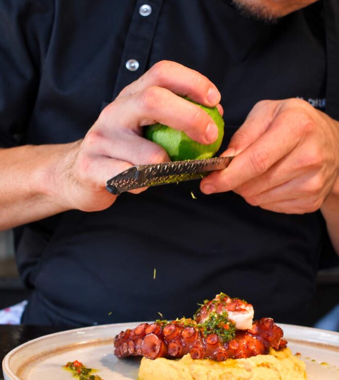 Octopus grilled on the brasero at La Vieille Fontaine in Maisons-Laffitte, wood-fire cooking